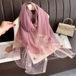 Foulard fin en soie pour femmes, Foulard en perles, broderie papillon, enveloppes, grands châles Hijab, printemps et automne