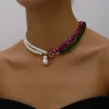 collier ras du cou en pierre pour femmes, bijoux tendance élégants, grande perle de mariage, mode imitation perle, couleur rose verte, 2023