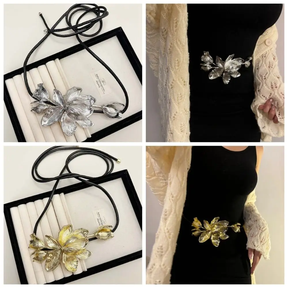 Ceinture tulipe dorée polyvalente et réglable, en alliage, Vintage, fleur en métal, chaîne de taille, argent PU, ceinture exagérée pour filles Cool
