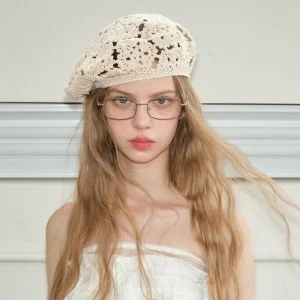 Chapeau à fleurs respirant, béret ajouré fin de Style japonais, grande circonférence de la tête assortie avec tout, casquette tricotée au Crochet pour vacances