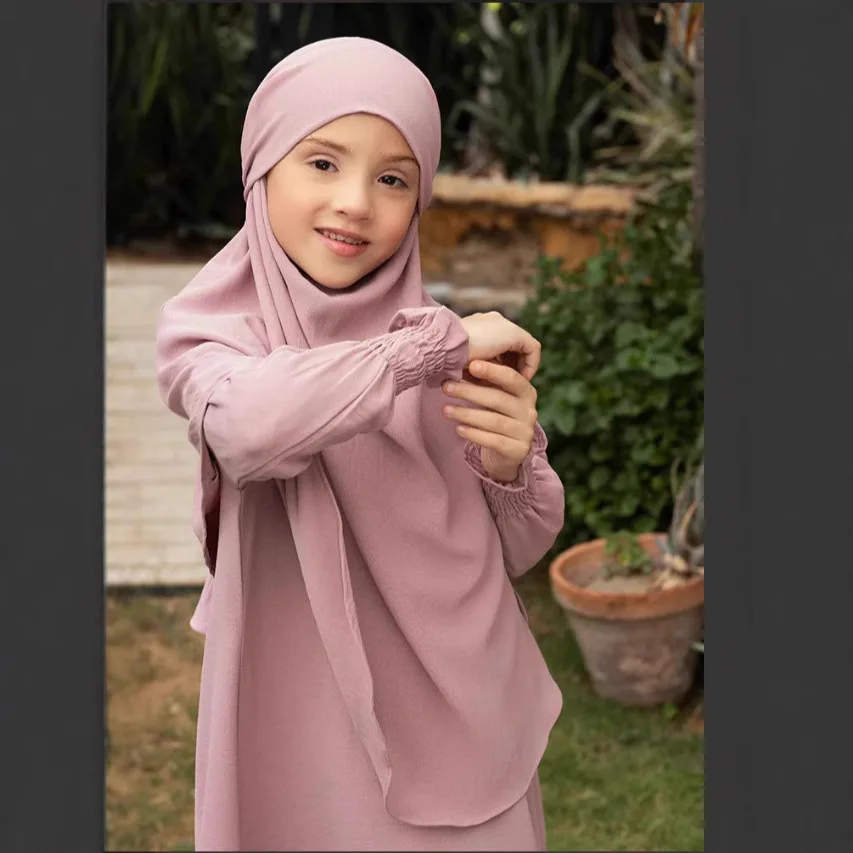 abayas noires pour enfants, col rond, sans extensible, manches longues, vêtements de prière ramadam, caftan de luxe musulman de dubaï pour enfants