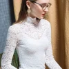 chemise à base en dentelle pour femmes, col haut, manches longues, style t, vêtements intérieurs, couleur unie, corps slim