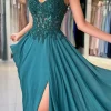 robe de bal longue en mousseline de soie, avec des appliques en dentelle scintillante, col en v, bretelles spaghetti, robe formelle avec fente, robes de soirée