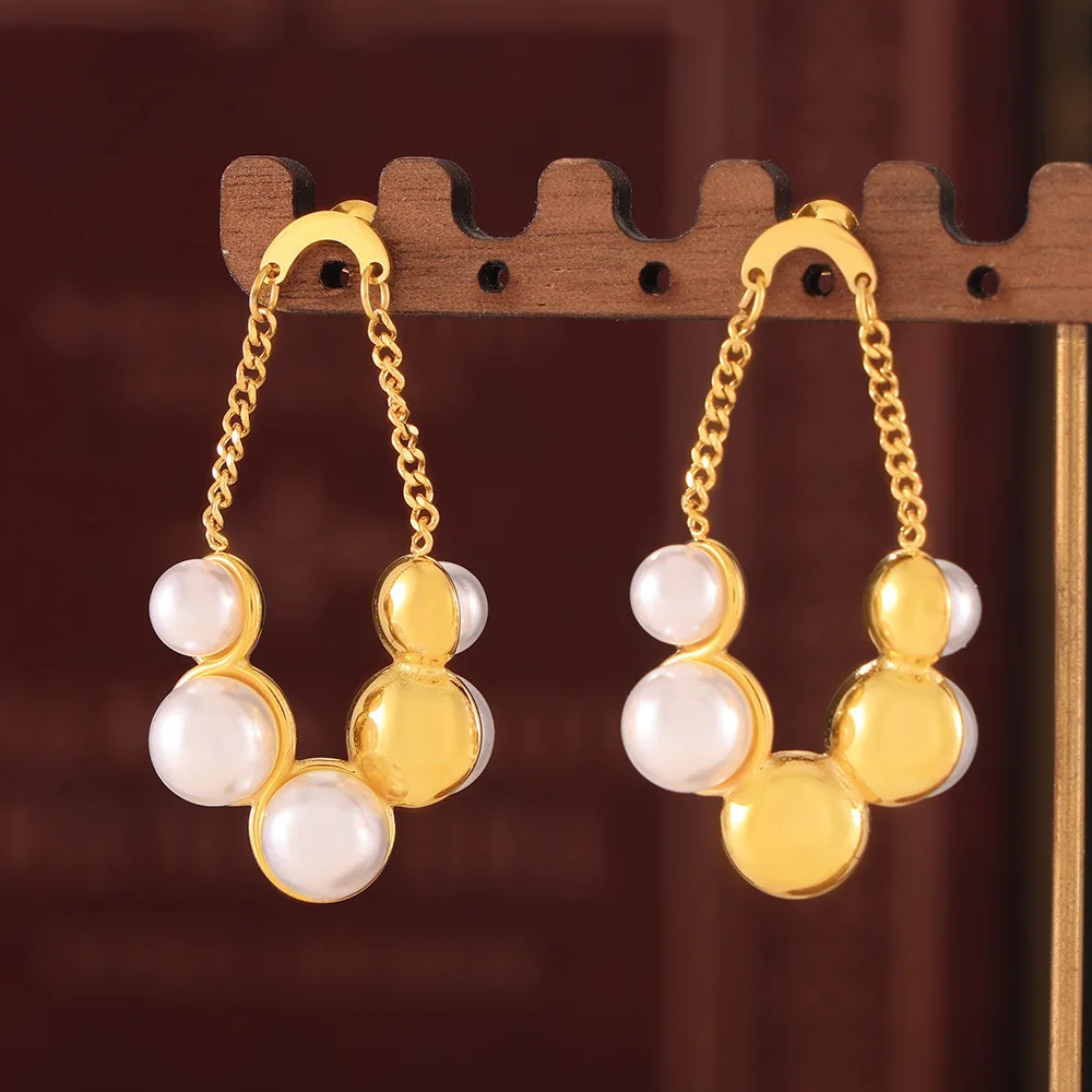 boucles d'oreilles rondes en acier inoxydable pour femme, pendentif perle vintage, plaqué or, Étanche, cadeau bijoux