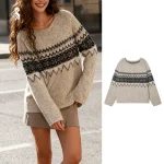 « Sweat en tricot Beige Fair Isle pour femmes, pull à motif géométrique rétro, pull coupe ample pour un Look à la mode