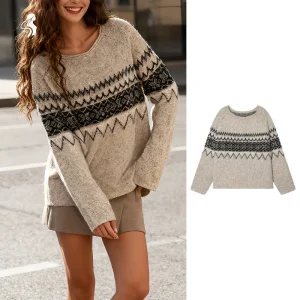 « Sweat en tricot Beige Fair Isle pour femmes, pull à motif géométrique rétro, pull coupe ample pour un Look à la mode