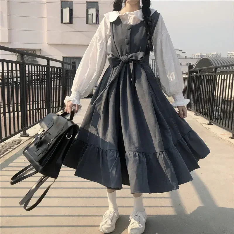 Robes Maxi d'été chemises pour femmes décontracté Kawaii fée vêtements à manches longues Robe à bretelles Lolita Harajuku Cottagecore Robe