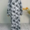 abaya musulman d'été, base grise, imprimé rose noire, long cardigan pour femmes, vêtements islamiques élégants et modestes avec motif floral artistique