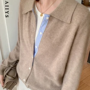Aoaiiys Cardigan femmes col rabattu pull en tricot coréen automne hiver mode Cardigan 2026 décontracté simple boutonnage Cardigan