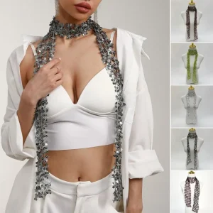 Écharpe à paillettes brillantes pour femmes, forme de fleur, conception creuse, cou rond, embelli de paillettes, mince, accessoire de mode