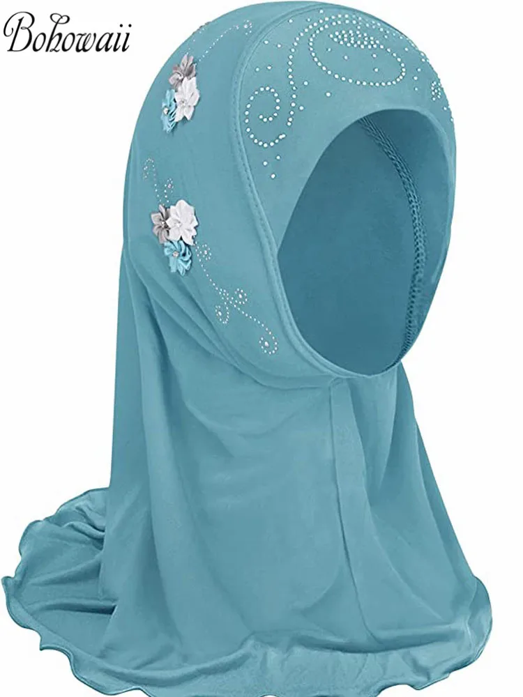 bohowaii enfants filles musulman instantané hijab prêt à porter châles islamiques turban avec fleurs écharpes jersey bandeau (2 7 ans)