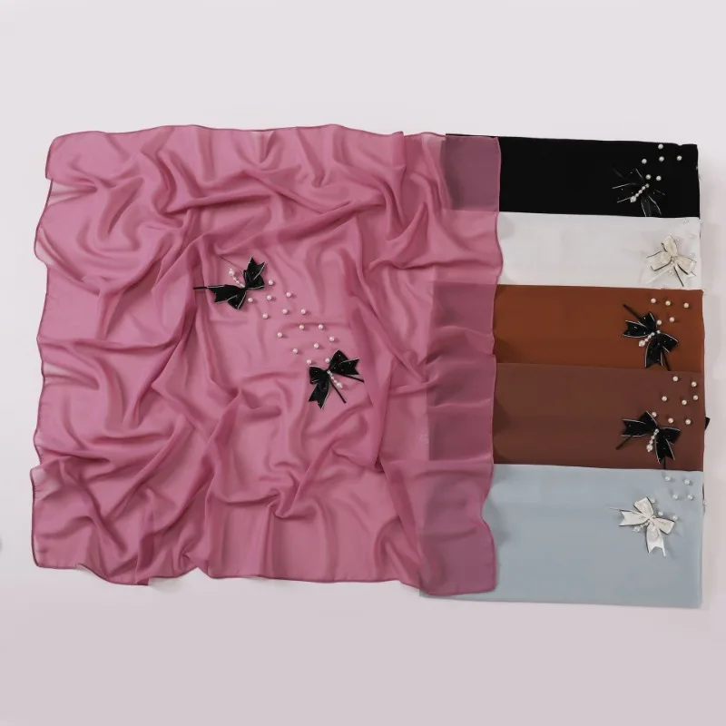 new 90 * 90cm hijab for women fashion headscarf turban solid color wrap pearl chiffon xiaoxiangfeng bow square scarf muslim girl