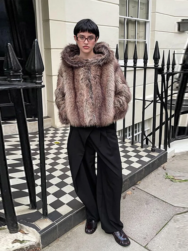 manteau de fourrure à capuche pour femme bouton caché à manches longues manteau de fourrure moelleux femme hiver ample rue décontracté fausse fourrure manteaux dames