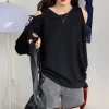 gris femmes vêtements coton épaules dénudées haut pour 2025 femme t shirt ample printemps et automne t shirt vente simple pas cher élégant t shirt
