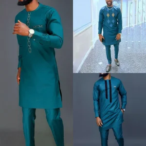 Costumes d&rsquo;été traditionnels élégants pour hommes africains, tenue Dashiki 2 pièces chemise et pantalon, ensemble complet de vêtements de styliste, Costume de marque Abaya