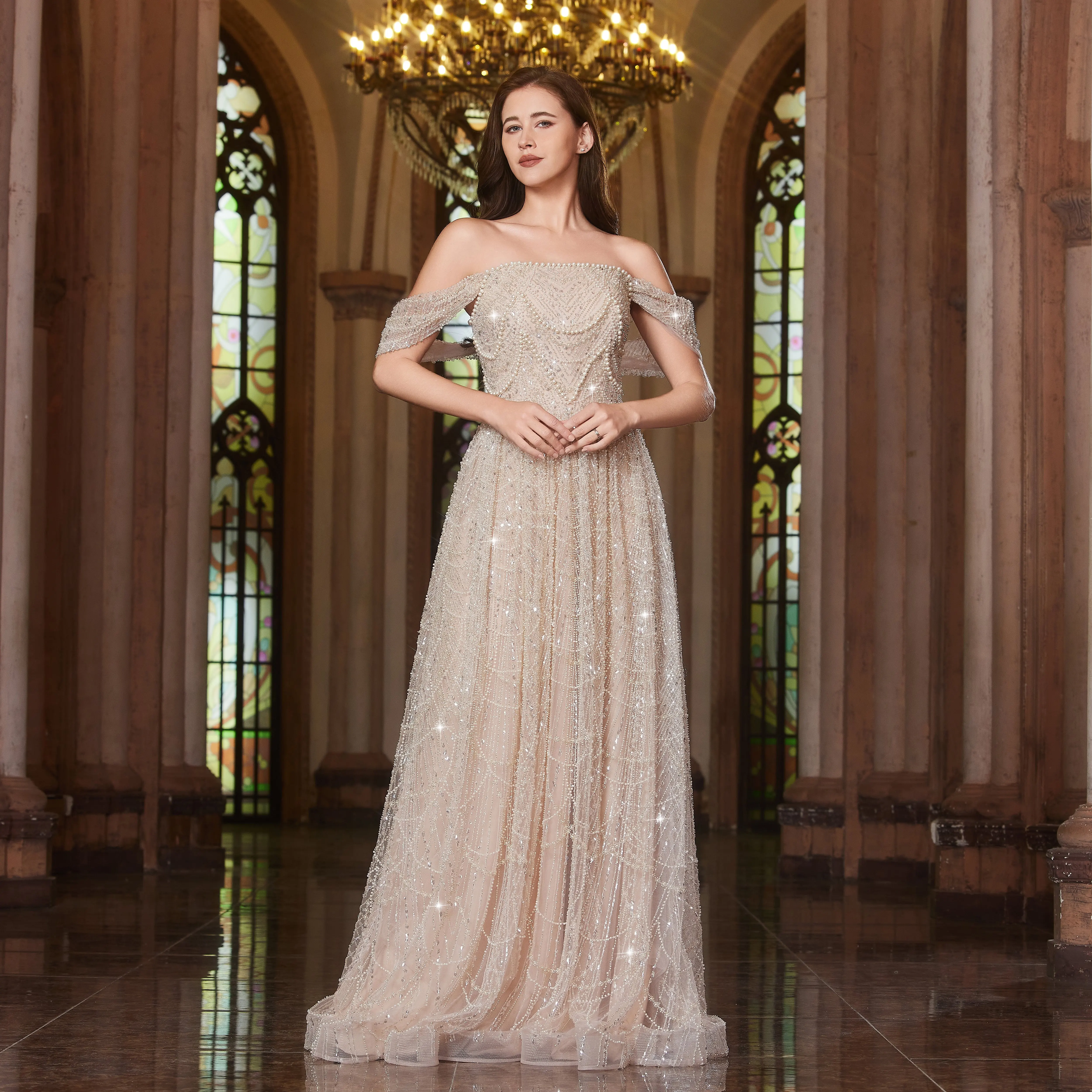 Alice CollectionPro – robe de soirée de luxe arabe, couleur chair, perles, pour mariage de dubaï, épaules dénudées, robes de soirée formelles personnalisées