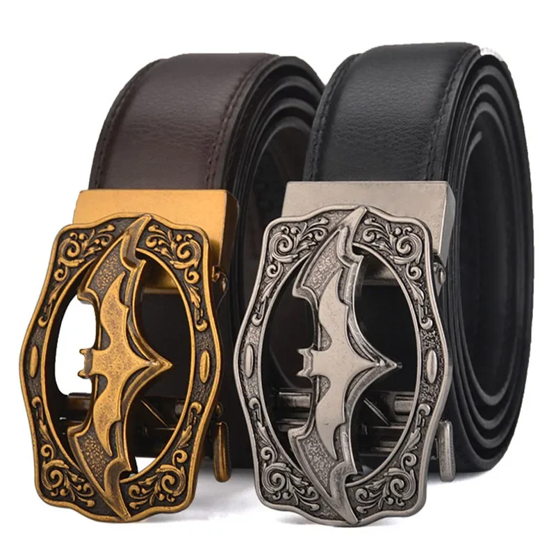 Ceinture à boucle automatique Vintage chauve-souris argent or pour hommes en cuir véritable grande taille grand 130 140 150 160 170cm marron noir ceintures 2024