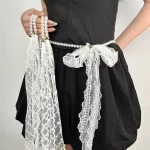 Ceinture longue en dentelle pour femmes, élégante, avec nœud, chaîne, pompon en perles, décoration, chaîne nouée, robe à nouer, ceinture en jean
