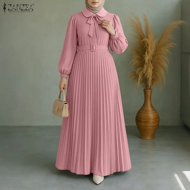 zanzea mode robe musulmane abaya femmes longue lanterne manches plissée robe d'été ceinturée robe femme travail robes 2025 robes d'automne