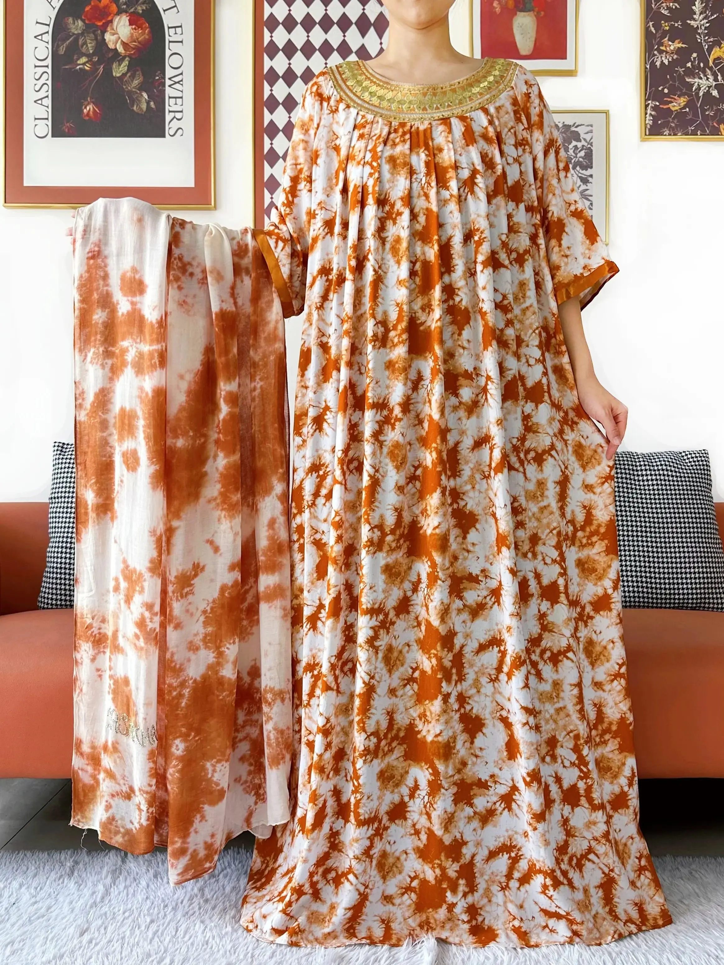 Kashkha élégant Abaya robe à manches courtes cravate-teinture coton femmes ample Abaya Boho Maxi robe décontracté robe de mode robes africaines