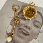 Boucles d&rsquo;oreilles asymétriques en laiton plaqué or 18 carats pour femme, bijoux de luxe, tendance, Vintage, perle, fleur, Europe et amérique