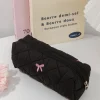 trousse de maquillage portable noire, grande capacité, pochette matelassée avec nœud rose, sac à main pour dames, sac de rangement de toilette de voyage