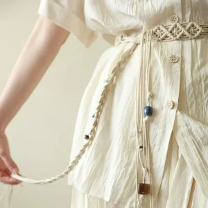 Ceinture Décorative Ethnique pour Femme, Pompon Perlé, Corde en Coton, Simple, Accessoire Polyvalent pour Tenue Décontractée, Été