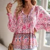 décontracté col en v à manches longues blouses chemises haut pour femme vintage rayonne coton imprimé fleuri blouse chemise automne boho plage blusas