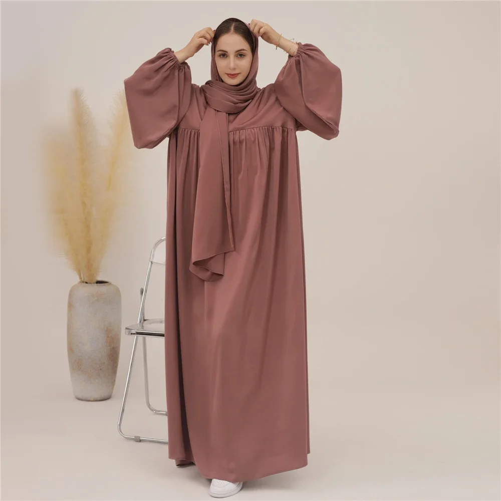 abaya robe longue musulmane unie pour femmes, manches ballon eid, robe islamique avec écharpe, robes africaines, dubaï, caftan de modestie turque