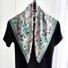foulard carré de luxe en soie 70cm pour femmes, bandanas, bandeau élégant pour dames, imprimé floral vert, foulard, ruban de sac hijab