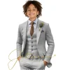costumes décontractés en lin beige pour garçon, 3 pièces, blazer, gilet, pantalon, ensemble à revers, costume pour enfants, mariage, été, plage, bal, fête, smoking