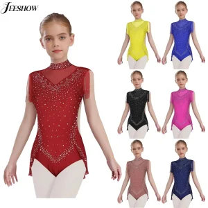 Costume de danse latine pour enfants filles, strass brillants, col montant, sans manches, maille Patchwork, pompon, justaucorps de danse moderne, body à franges