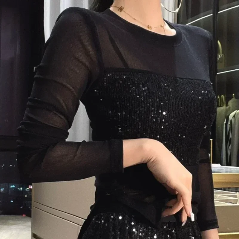 T-shirt à manches longues à paillettes pour femmes, haut en biscuits, paillettes féminines, manches sexy, vêtements de co-avantages, mode Y2k, Corée Emo Semi