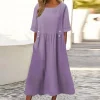 robe mi longue élégante pour femmes, coupe ample, avec poches, décor de boutons, ligne a, silhouette, encolure o, manches courtes, couleur unie