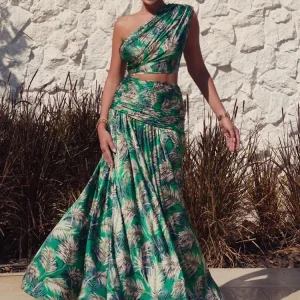 Ensemble deux pièces pour femmes, imprimé Tropical, asymétrique épaule dénudée, haut court et jupe Maxi, vacances à la plage, fêtes d&rsquo;été, ClubWear