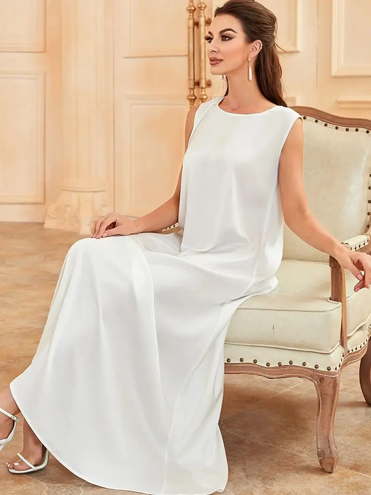 noir blanc satin soyeux miroitant sous abaya robe dubaï luxe 2024 été femmes turquie islam robe musulmane robes musulmanes