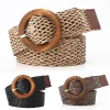 Ceinture de taille tressée noir café femme ceinture Vintage Boho ronde en bois boucle lisse fausse paille larges ceintures sangle de taille pour les femmes