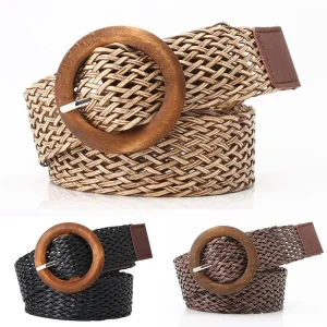 Ceinture de taille tressée noir café femme ceinture Vintage Boho ronde en bois boucle lisse fausse paille larges ceintures sangle de taille pour les femmes