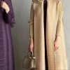 2025 abaya plissé miyake avec col rabattu, manches longues, design imprimé vintage, grande taille