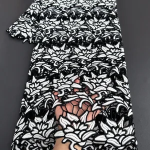 Tissu africain Soluble dans l’eau en dentelle Guipure brodée blanche et noire, tissu Abaya de dubaï pour robe de Cocktail et célébrités Tissu africain Soluble dans l’eau en dentelle Guipure brodée blanche et noire, tissu Abaya de dubaï pour robe de Cocktail et célébrités