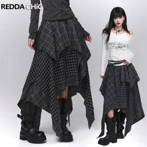 REDDACHiC Acubi mode Plaid jupe asymétrique Alt Goth taille élastique point bord brut longue jupe fluide grande taille femmes bas