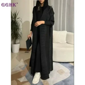 GGHK-Cardigan plissé à manches longues pour femme, Abaya de luxe, revers de document solide, design vintage, grande taille, arabe