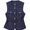 gilet bleu à paillettes pour femmes, nouvelle mode avec ceinture, manteau sans manches, streetwear chic, automne 2024
