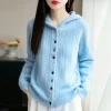Cardigans à capuche pour femmes, 100% laine, décontracté, épais, chaud, doux, mode coréenne, vêtements d&rsquo;extérieur tricotés, pull à simple boutonnage, automne hiver