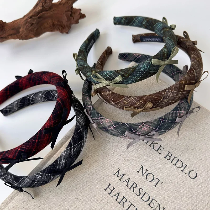 Bandes de sauna à nœud à carreaux de style preppy pour femmes et filles, cerceau de cheveux de tempérament, bande de cheveux colorée, accessoires de cheveux rétro féminins, mode