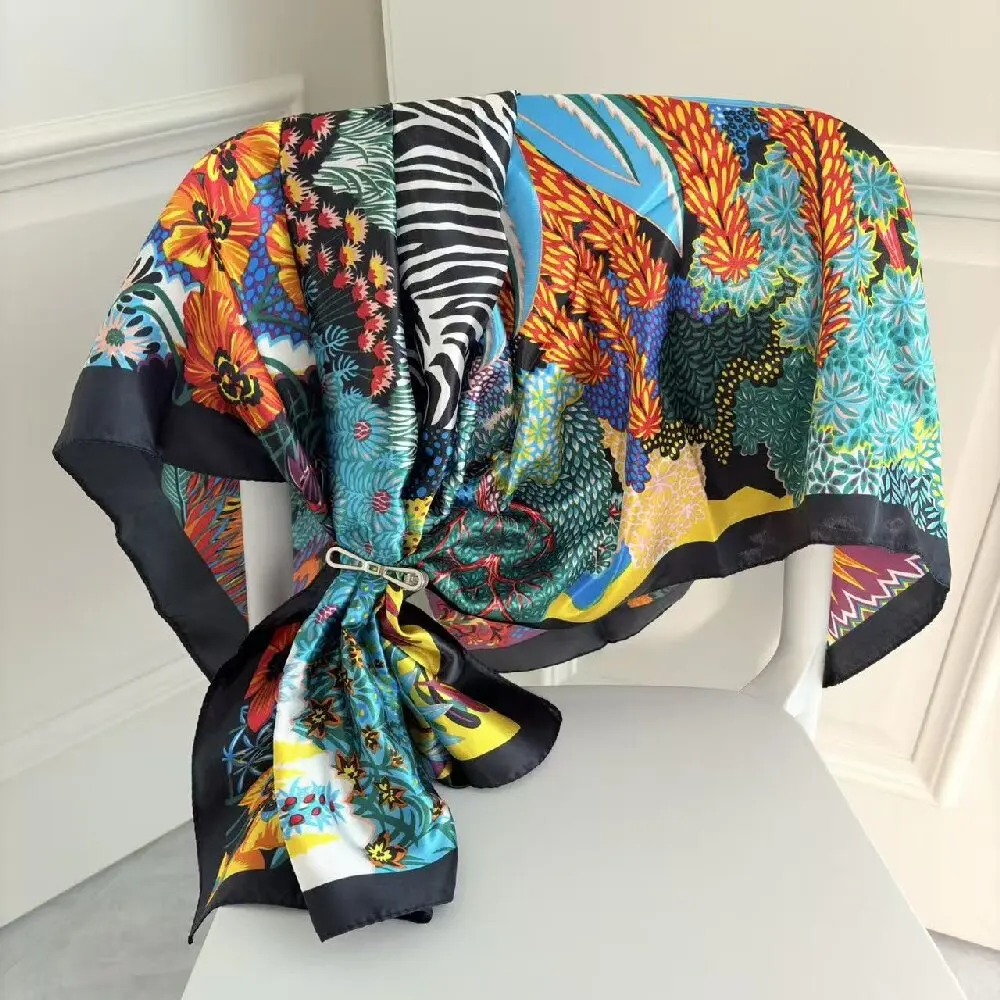 marque de luxe carré foulard en soie femmes satin imprimé hijab foulards musulman paréo bandana femme châle enveloppement bandeau foulard