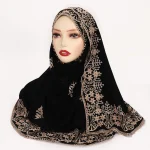Nouveau Style ethnique musulman Hijabs pour femmes longue moyen-orient noir brodé couvre-chef dame Foulard Femme voile musulman Ramadan