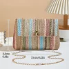 sac à bandoulière chic en paille à rayures arc en ciel pour femmes, bandoulière réglable, fermeture magnétique, accent de pompon, sac à main carré à la mode