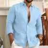 chemise unie en coton et lin pour hommes, couleur unie, classique, boutonnée, revers, manches longues, mode printemps automne, chemises amples pour hommes