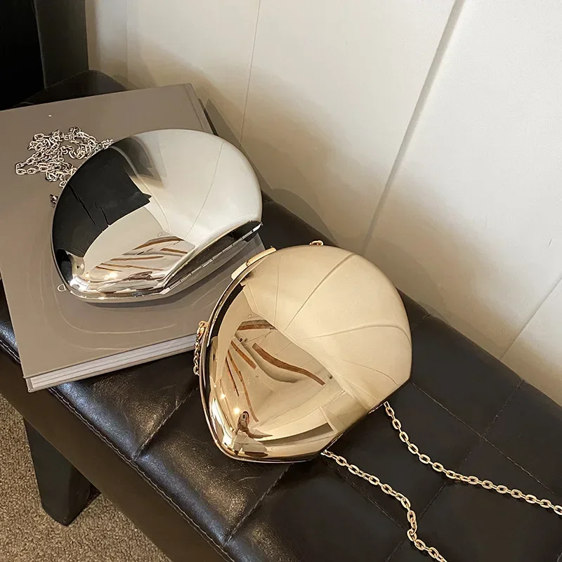 Pochette de styliste en forme de coquille acrylique pour femmes, sac de soirée doré et argenté, mignon et brillant en métal, sacs à bandoulière, petit sac à main